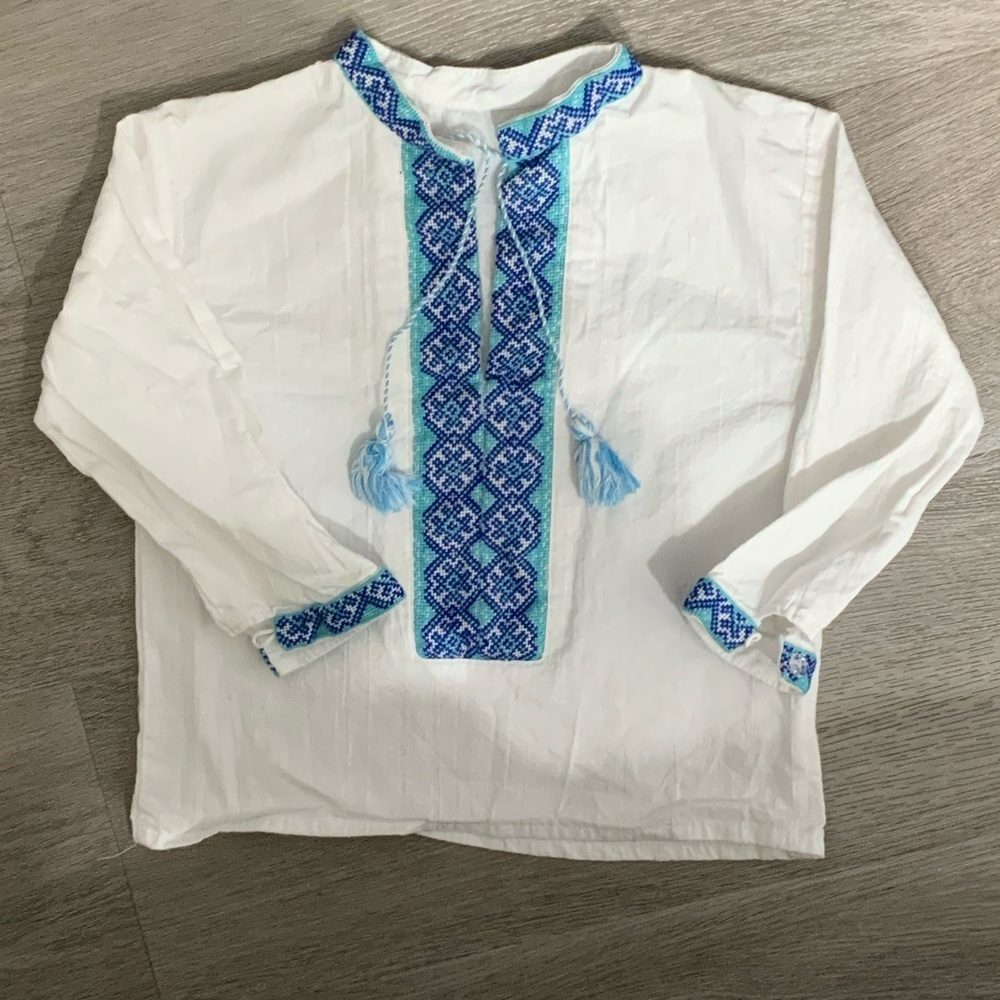 Hand Embroidered and Sewn Ukrainian Boy’s White Linen Shirt with Blue Embroidery